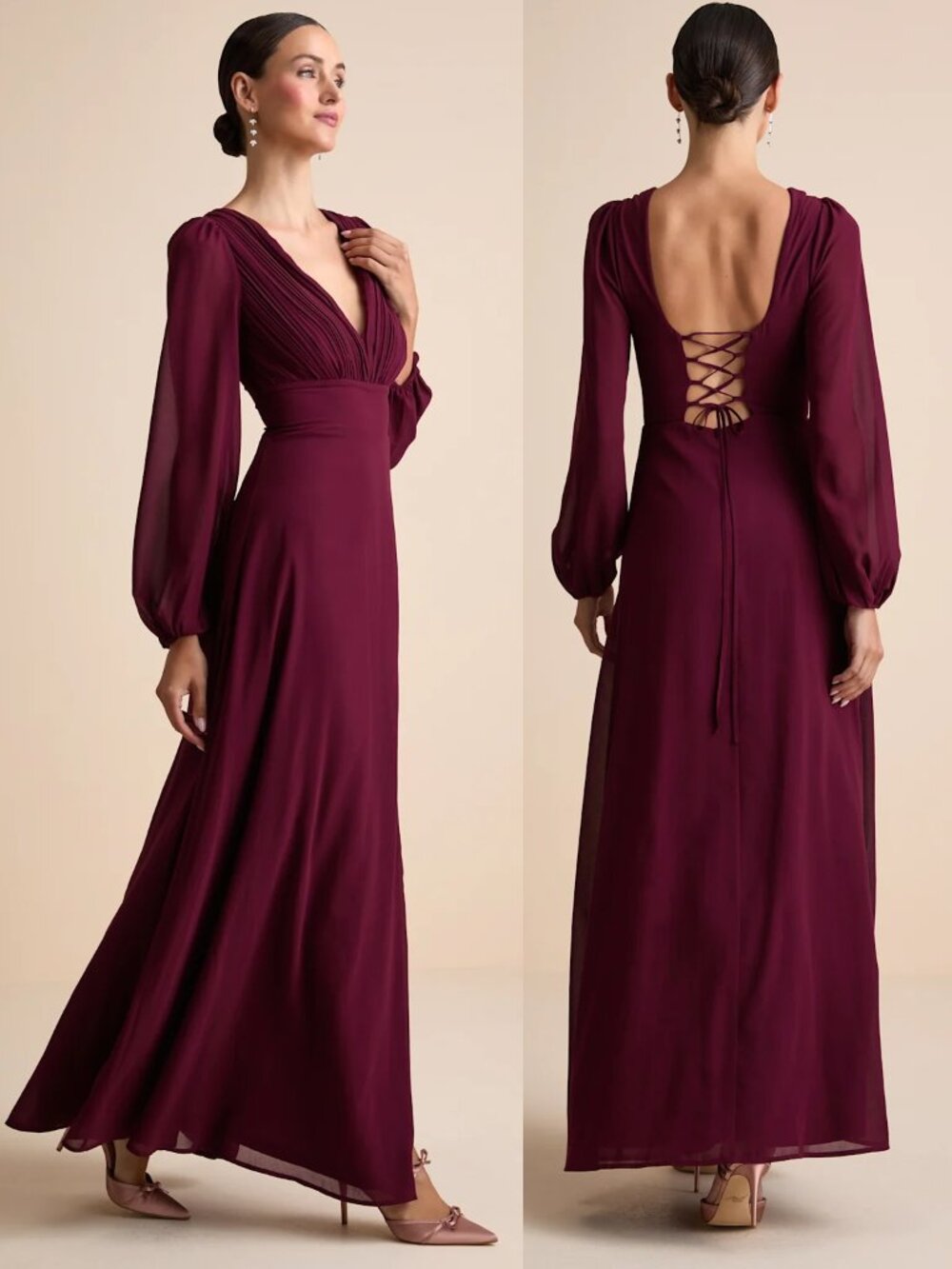 NWT Lulus Marvelous Affair Pleated Open Back Lace-Up Maxi Dress Burgundy L